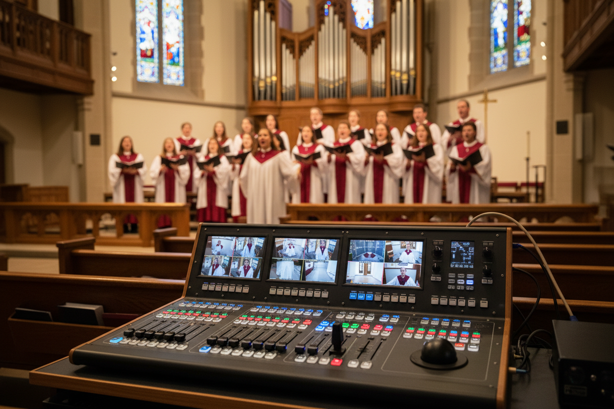 generate an image oif. video switcher on a church while a choir isweprormin in the bakc